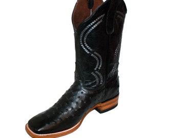 Men's Genuine Cowhide Ostrich Print Leather Square Toe Boots Handcrafted