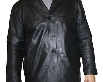 Hombres genuino cuero suave cuatro botones cierre chaqueta de abrigo de coche