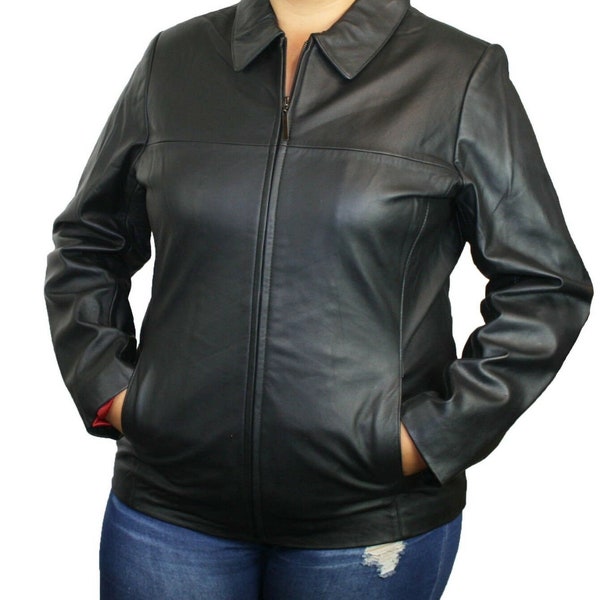 Classic Women's Lamb Leather Zip Jacket with Woven Pocket Design