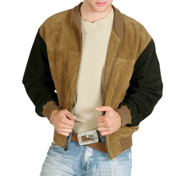 Men's genuine suede leather baseball Zip up bomber Jacket handmade