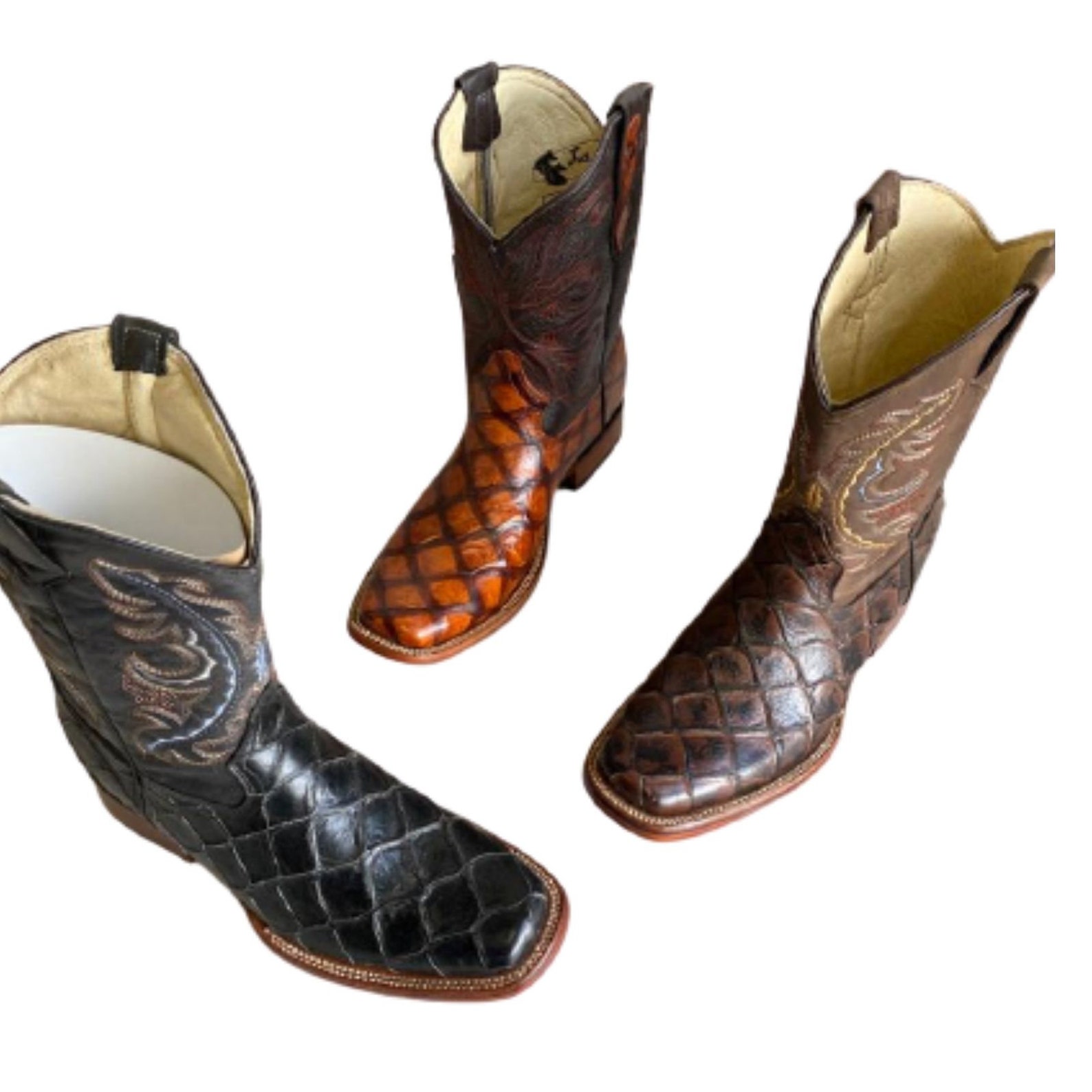 Men Genuine Cowhide Fish Print Cowboy Boots Handcrafted Etsy Canada