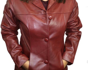 Women's Soft Lamb Genuine Burgundy Leather Buttons Closure Fitted Jacket