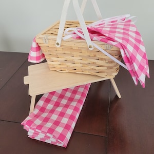Picnic Party Set!  Includes gingham tablecloth, mini picnic basket with matching lining, bunting, and mini table