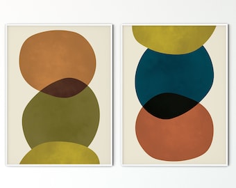 SET OF 2 Mid Century Modern Abstract Wall Art Print, Blue Green Gold Red Abstract, Geometric Watercolor, Mid Century Poster "CORONATION"