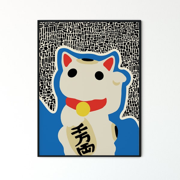 Maneki Neko Cat Charm Wall Art Print, Mid Century Modern Abstract Wall Art Print, Japanese Lucky Waving Fortune Cat, Apartment Decor