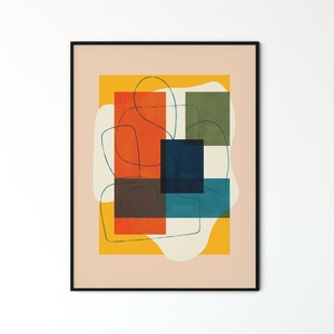 Mid Century Modern Abstract Wall Art Print, Yellow Orange Green Blue Retro Art Print, Living Room Apartment Decor