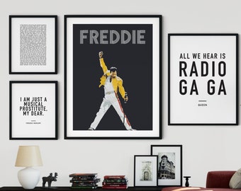 SET OF 4 Freddie Mercury Queen Printable Art, Gallery Wall Set, Bohemian Rhapsody Lyrics, Queen Wall Art, Living Room Art, Digital Print