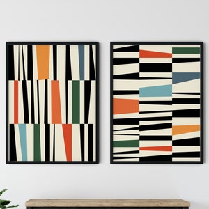 SET OF 2 Mid Century Modern Abstract Wall Art Print, Blue Green Orange Red Yellow Abstract, Geometric Mid Century Poster "ODDITIES"