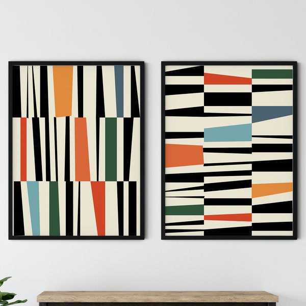 SET OF 2 Mid Century Modern Abstract Wall Art Print, Blue Green Orange Red Yellow Abstract, Geometric Mid Century Poster "ODDITIES"