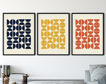 SET OF 3 Mid Century Modern Abstract Wall Art Print, Mid Century Geometric Decor, Retro Mid Century Poster, Orange Navy Yellow