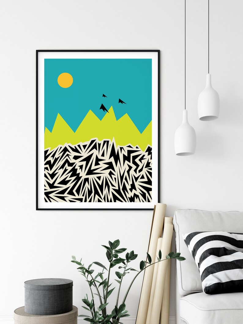 Mid Century Modern Abstract Wall Art Print Retro Blue