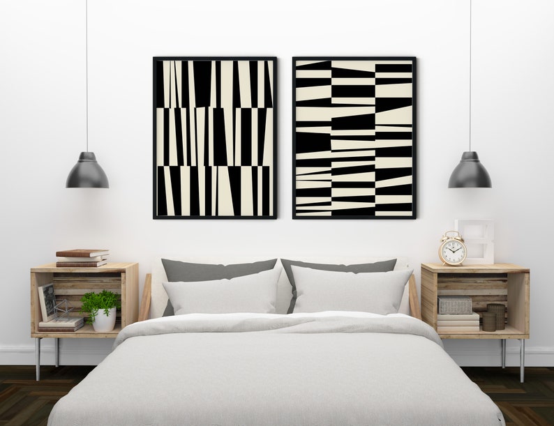 SET OF 2 Mid Century Modern Black and White Wall Art Black Etsy