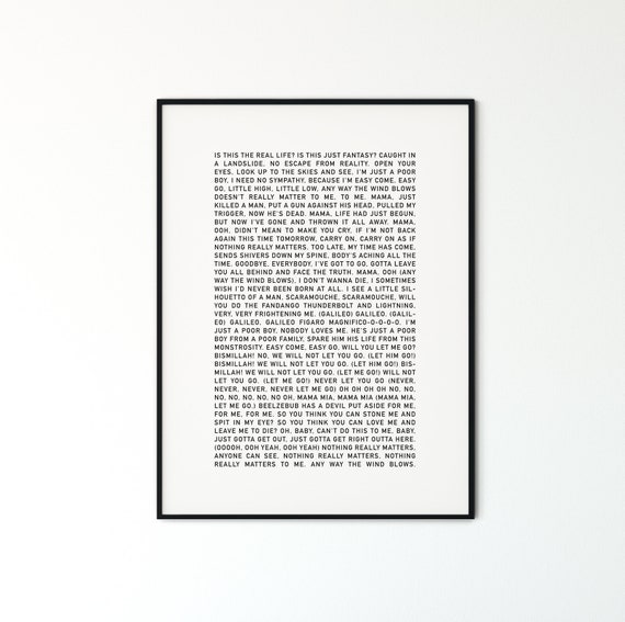 Bohemian Rhapsody Lyrics Printable Art Living Room Art Bedroom Art Digital Print Art Print Wall Art Instant Download Artwork