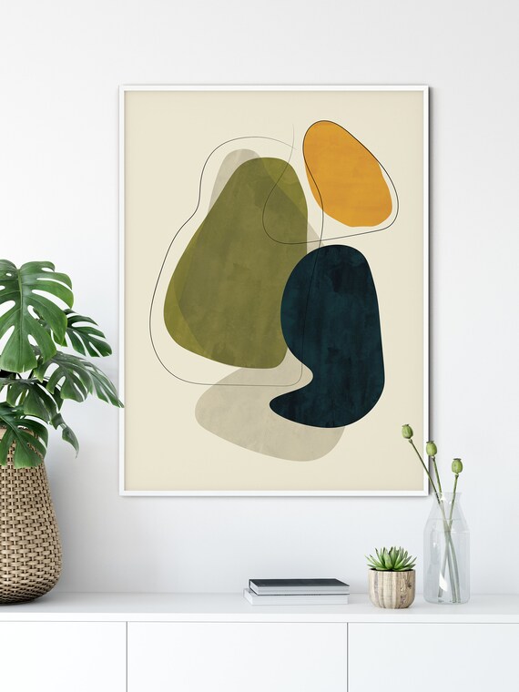 Mid Century Modern Navy Blue Gold Green Abstract Wall Art Print Modern Retro Art Living Room Apartment Decor