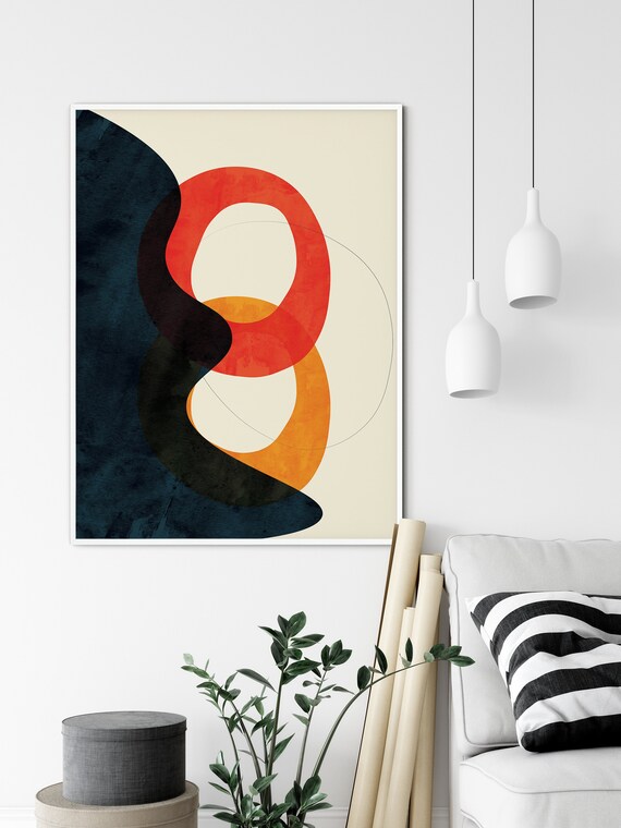 Mid Century Modern Orange Red Navy Blue Abstract Wall Art Print Modern Retro Art Living Room Apartment Decor