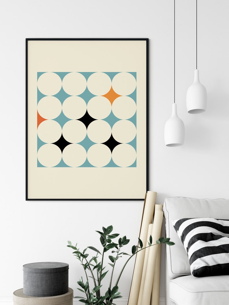 Mid Century Modern Geometric Abstract Wall Art Print Blue Etsy