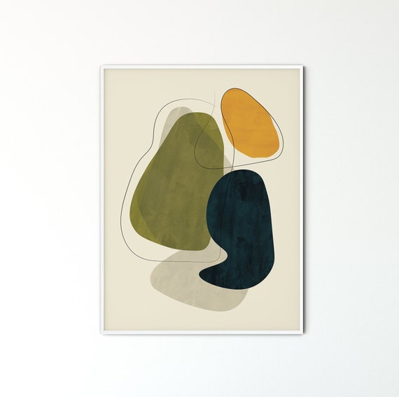 Mid Century Modern Navy Blue Gold Green Abstract Wall Art Print Modern Retro Art Living Room Apartment Decor