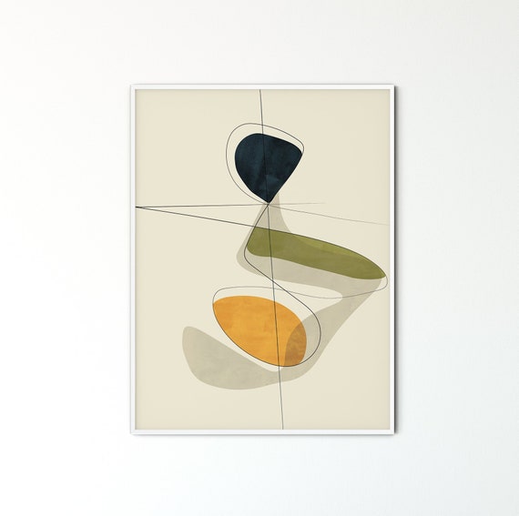 Mid Century Modern Navy Blue Gold Green Abstract Wall Art Print Modern Retro Art Living Room Apartment Decor