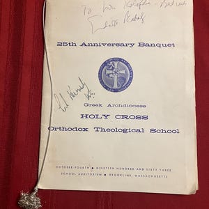 May include: A white program for the 25th Anniversary Banquet of Holy Cross Orthodox Theological School. The program is dated October 4th, 1963 and was held at the school auditorium in Brookline, Massachusetts.