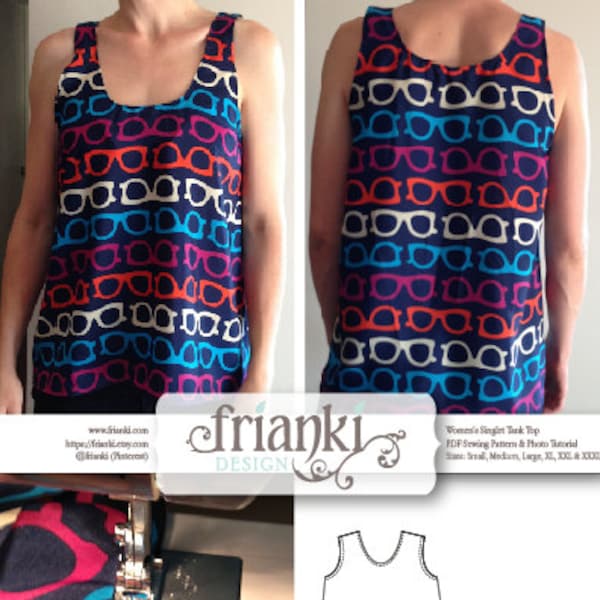 Women's Easy Singlet Tank Top - PDF Sewing Pattern and Photo Tutorial - Sizes Sm, Med, Lg, XL, xxL, xxxL - Instant Download