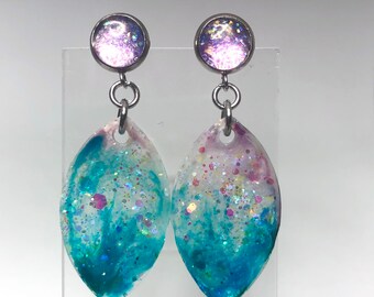 Dangle Drop Stud Stainless Steel Earrings Neutral Purple Mauve Sparkle Resin Gifts for Her