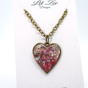 Pink Rainbow Glitter Resin Heart Necklace Iridescent Bronze 24&quot; Chain Gift For Her Stocking Stuffer