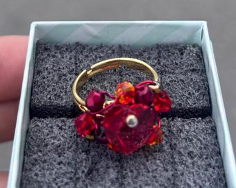 Red Crystal Adjustable Gold Ring | Beaded Wire Wrapped Cocktail Ring | Heart Statement Accessory