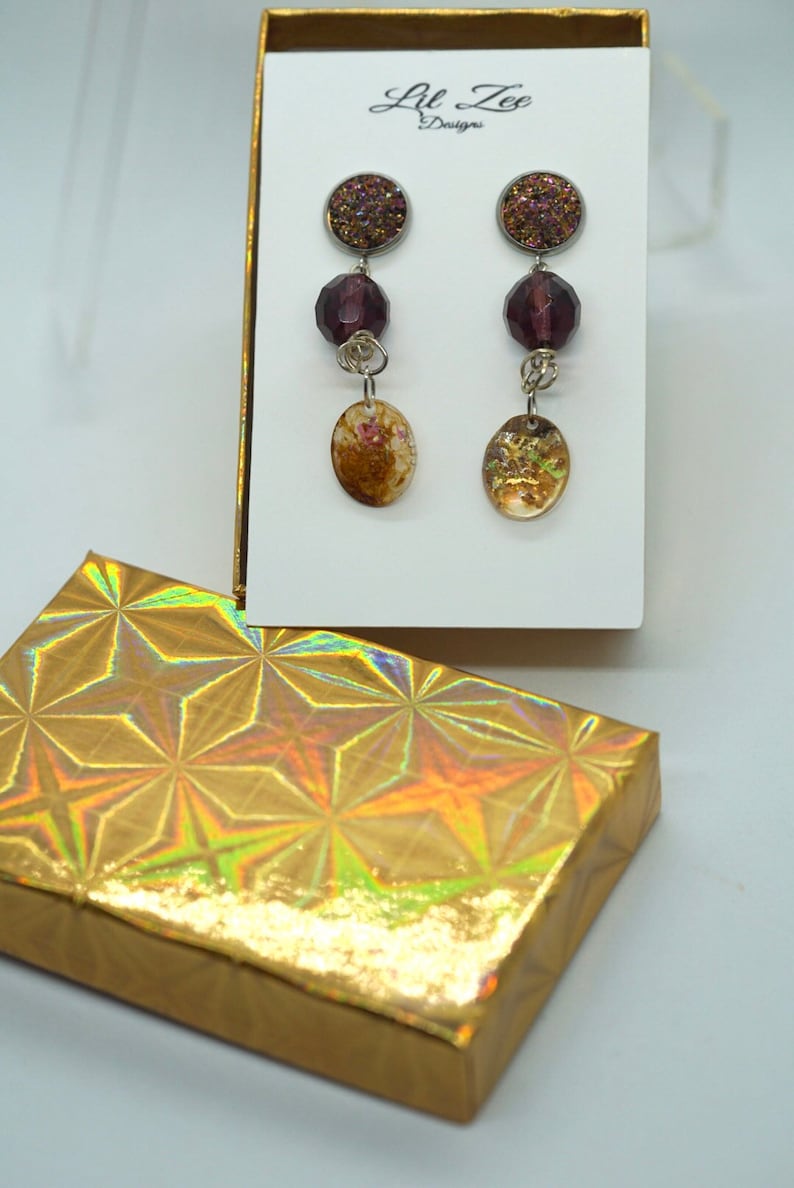 Dangle Drop Stud Stainless Steel Earrings Neutral Purple Mauve Sparkle Resin Gifts for Her
