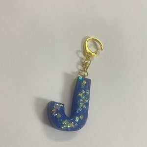 J Initial Keychain Resin Initial Letter Blue Keyring / Gold Clasp Key ...