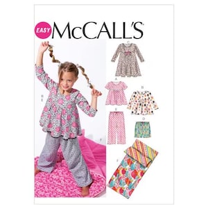 May include: A young girl in floral pajamas stands on a pink patterned blanket, with a variety of children's sleepwear patterns displayed. The image includes the text "EASY McCall's" in a pink circle.