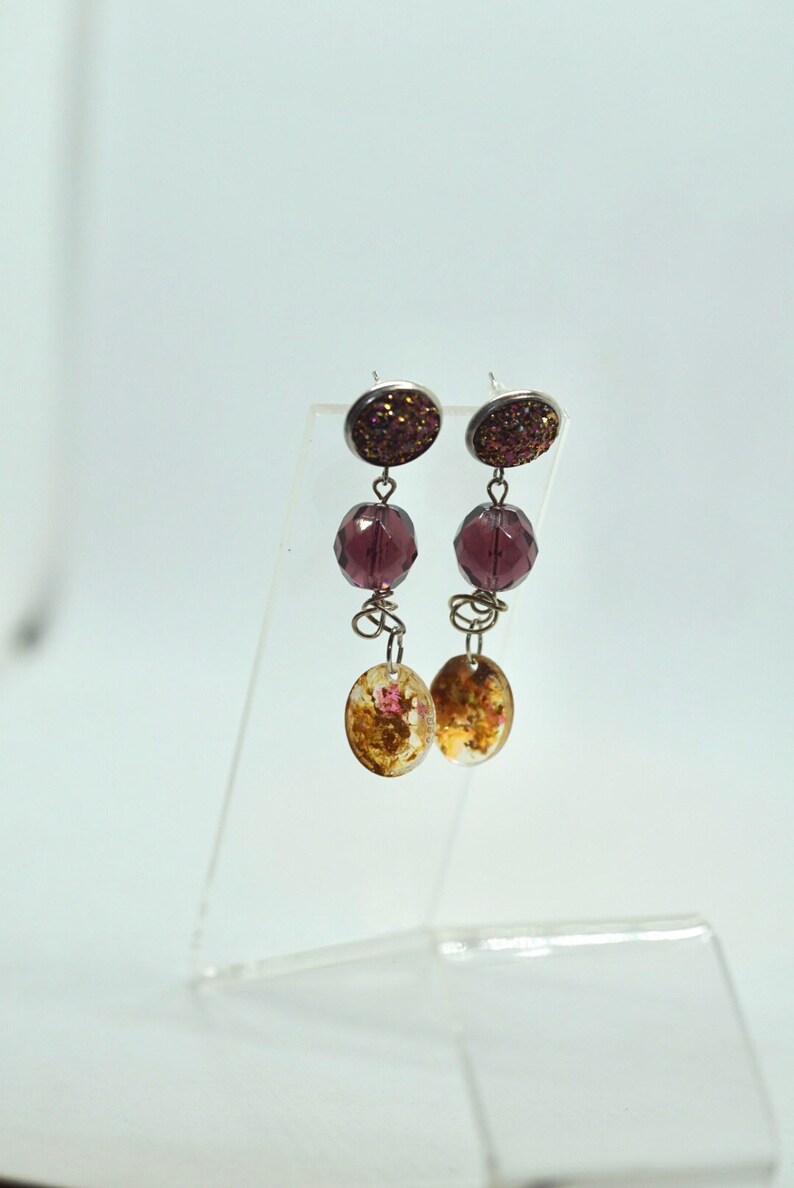 Dangle Drop Stud Stainless Steel Earrings Neutral Purple Mauve Sparkle Resin Gifts for Her