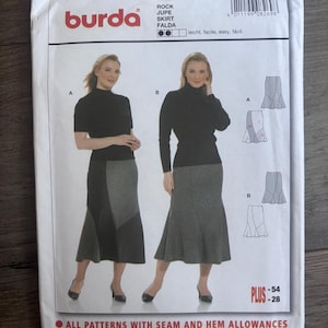 May include: A Burda sewing pattern for a skirt, featuring two women modeling the skirt design. The pattern includes the text "ROCK JUPE SKIRT FALDA" and size information. The pattern also includes the text "ALL PATTERNS WITH SEAM AND HEM ALLOWANCES".
