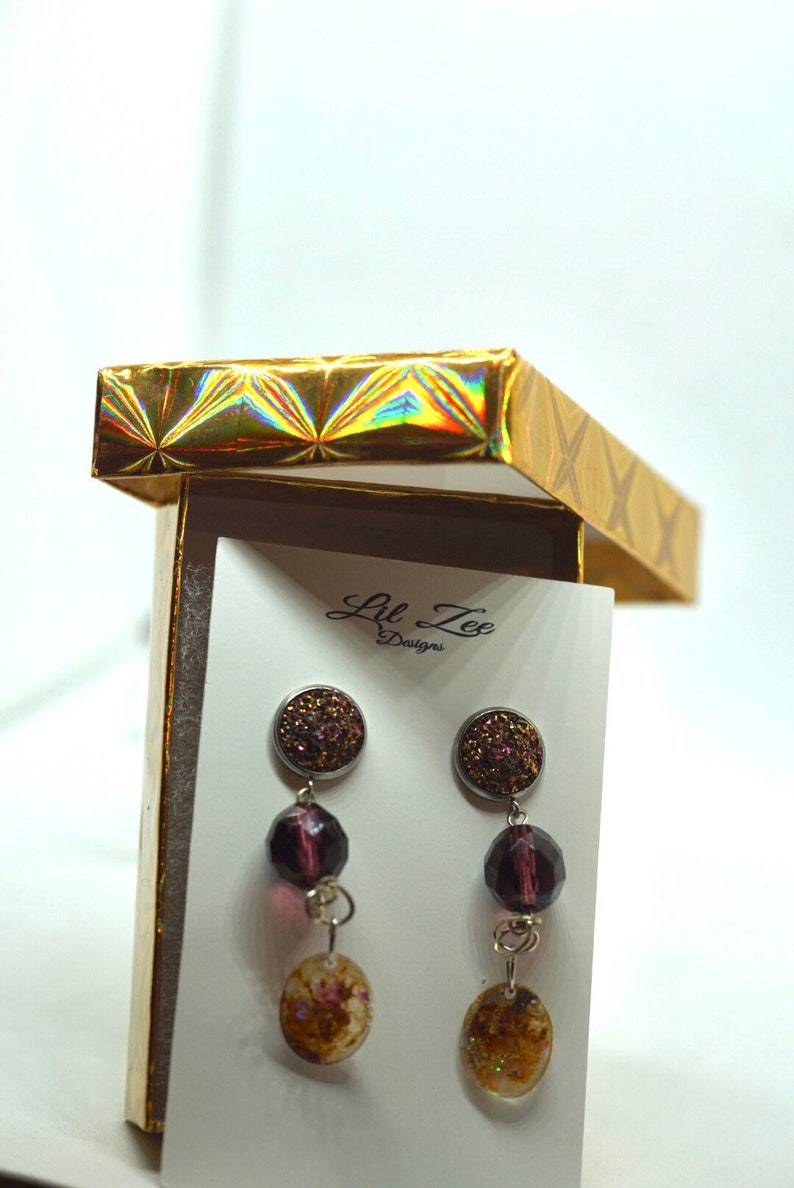 Dangle Drop Stud Stainless Steel Earrings Neutral Purple Mauve Sparkle Resin Gifts for Her