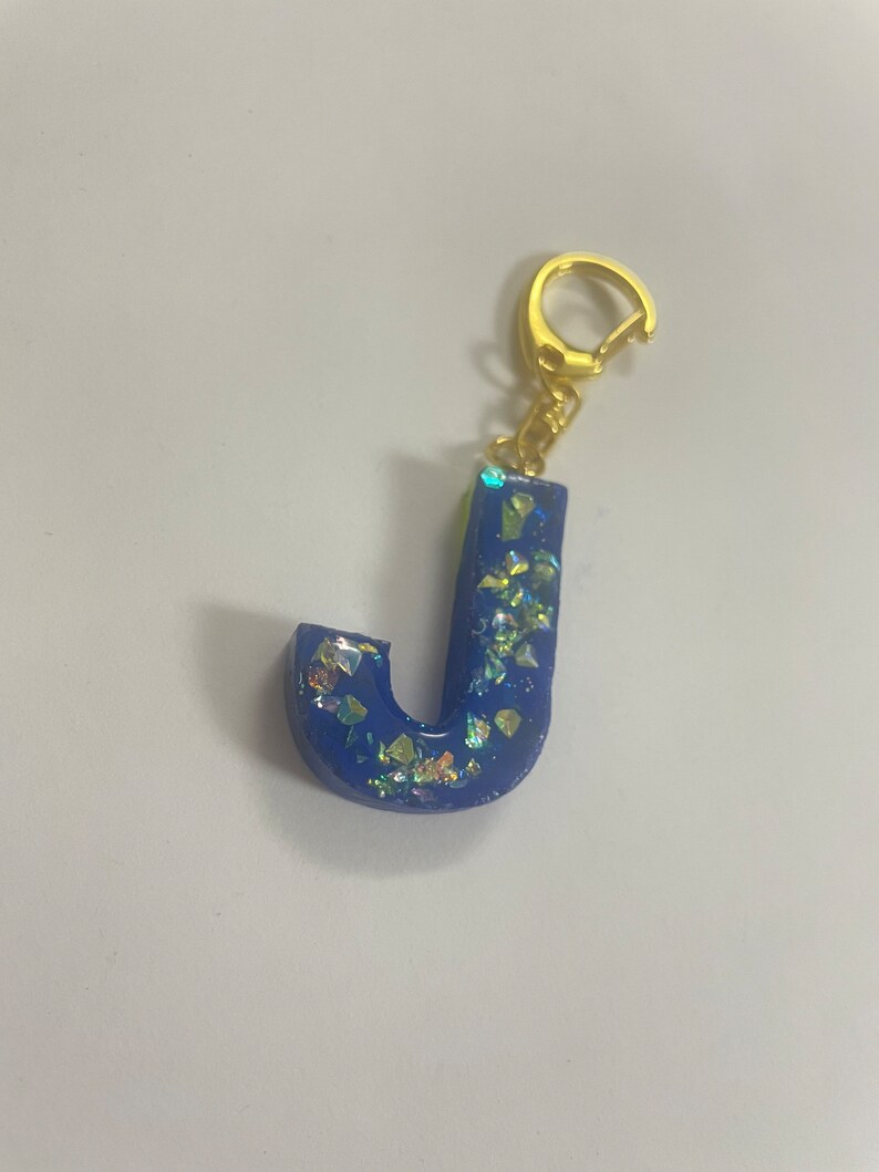J Initial Keychain Resin Initial Letter Blue Keyring / Gold Clasp Key ...