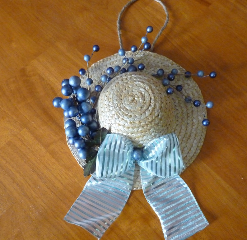 Blue wreath Wicker hat decor Wicker hat wreath. Hat wreath Easter decor