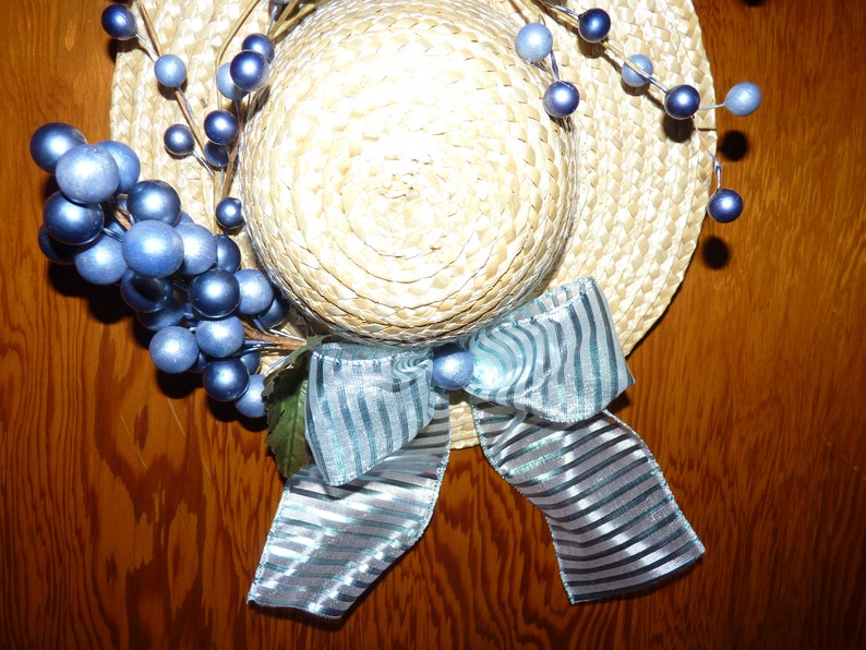 Blue wreath Wicker hat decor Wicker hat wreath. Hat wreath Easter decor