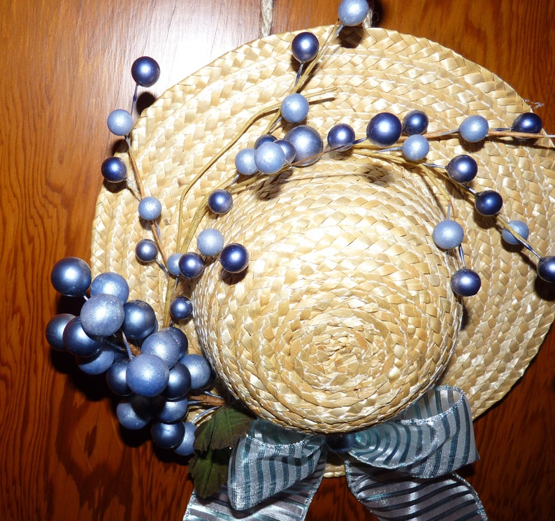Blue wreath Wicker hat decor Wicker hat wreath. Hat wreath Easter decor