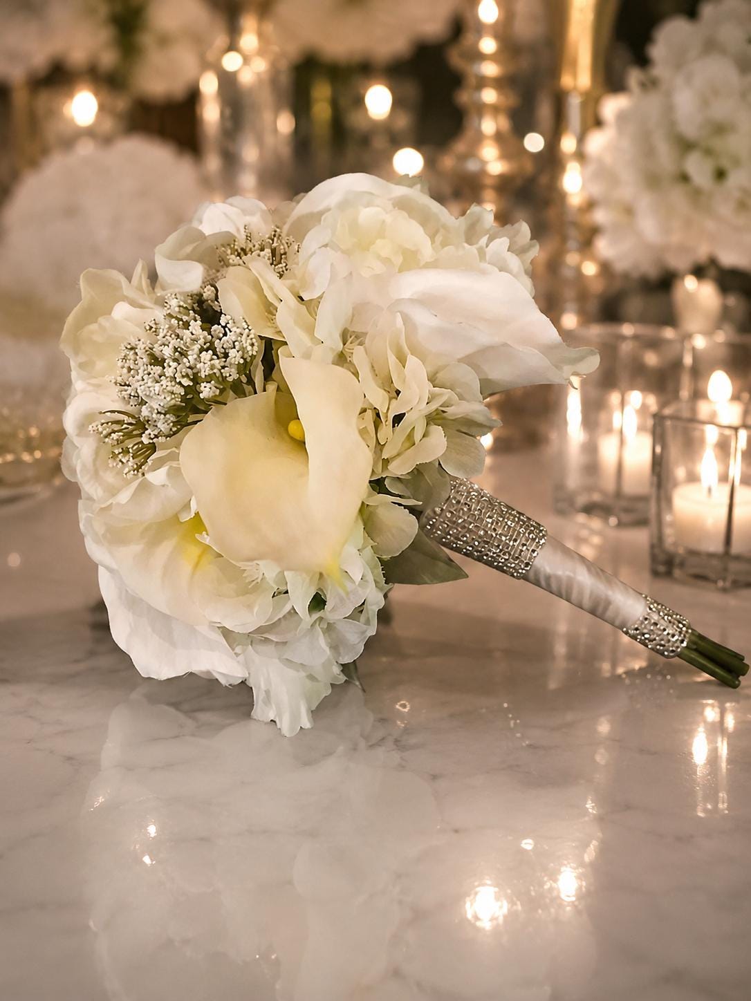 Silk Calla Lily Wedding Bouquet, Rhinestone Detail