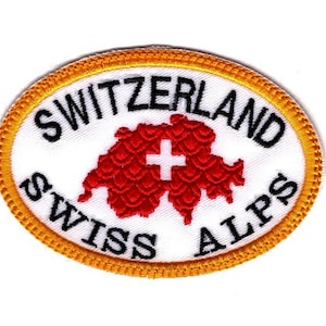 May include: Oval patch with the words "SWITZERLAND" and "SWISS ALPS" in black, surrounding a red map of Switzerland with a white cross. The patch has a white background and a gold border.