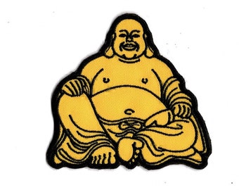 Embroidered Buddha Patch: Iron-On Yellow Twill Fabric Applique