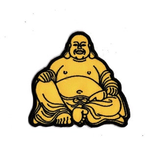 May include: A yellow embroidered patch of a smiling Buddha sitting cross-legged with his hands in his lap.