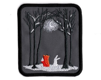 Fox and Rabbit Embroidered Patch, Moonlit Forest Iron On Badge, Hand-Finished Woodland Animal Decor