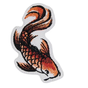 May include: An embroidered iron-on patch featuring a stylised orange and black koi fish with a white background.