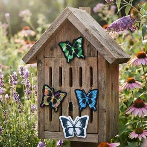 May include: A rustic wooden insect house featuring four embroidered butterfly patches attached to the front. The patches include a green and black butterfly, a multicolored striped butterfly, a blue and black butterfly, and a white and dark blue butterfly.