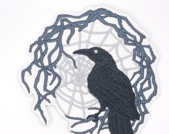 Gothic Crow Web Patch – Dark Academia Raven Embroidery Applique (3.75")