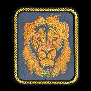 May include: Embroidered lion head patch with a yellow border. The lion's mane is orange and yellow, and its face is a darker orange.