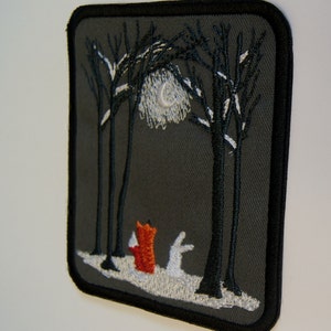 Fox and Rabbit Embroidered Patch, Moonlit Forest Iron On Badge, Hand-Finished Woodland Animal Decor image 11