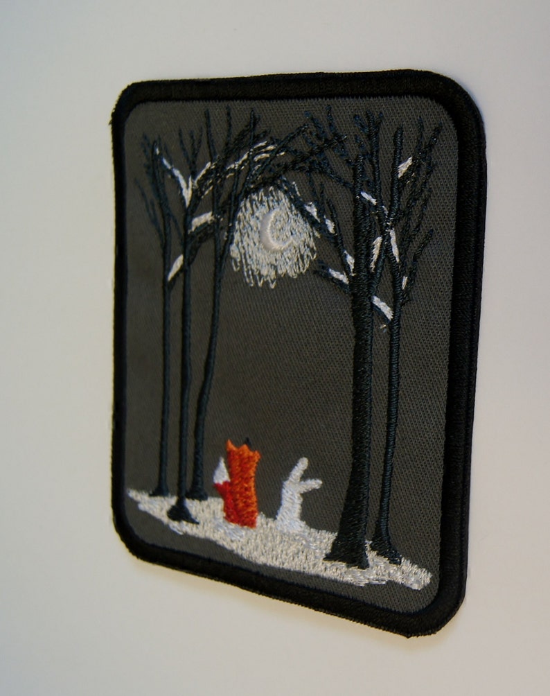 Fox and Rabbit Embroidered Patch, Moonlit Forest Iron On Badge, Hand-Finished Woodland Animal Decor image 11