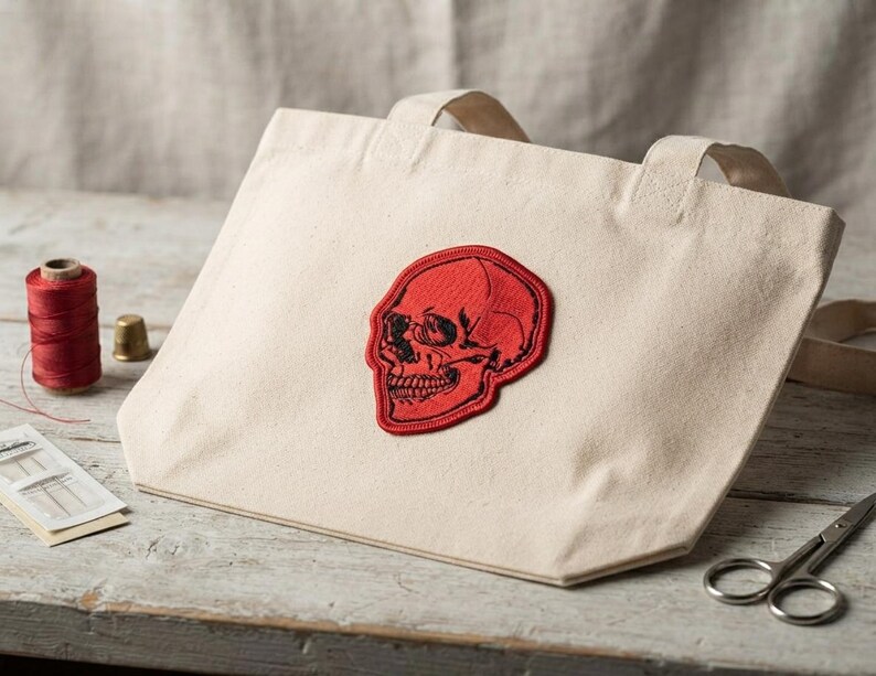 K&ouml;nnte beinhalten: Eine naturfarbene Canvas-Einkaufstasche mit einem mittig platzierten, roten, gestickten Totenkopf-Aufn&auml;her mit schwarzen Linien. Die Tasche hat zwei Tragegriffe und liegt neben einer roten Garnrolle, einem Fingerhut, Nadeln und einer Schere.