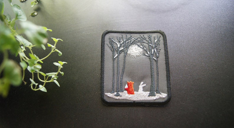 Fox and Rabbit Embroidered Patch, Moonlit Forest Iron On Badge, Hand-Finished Woodland Animal Decor image 7
